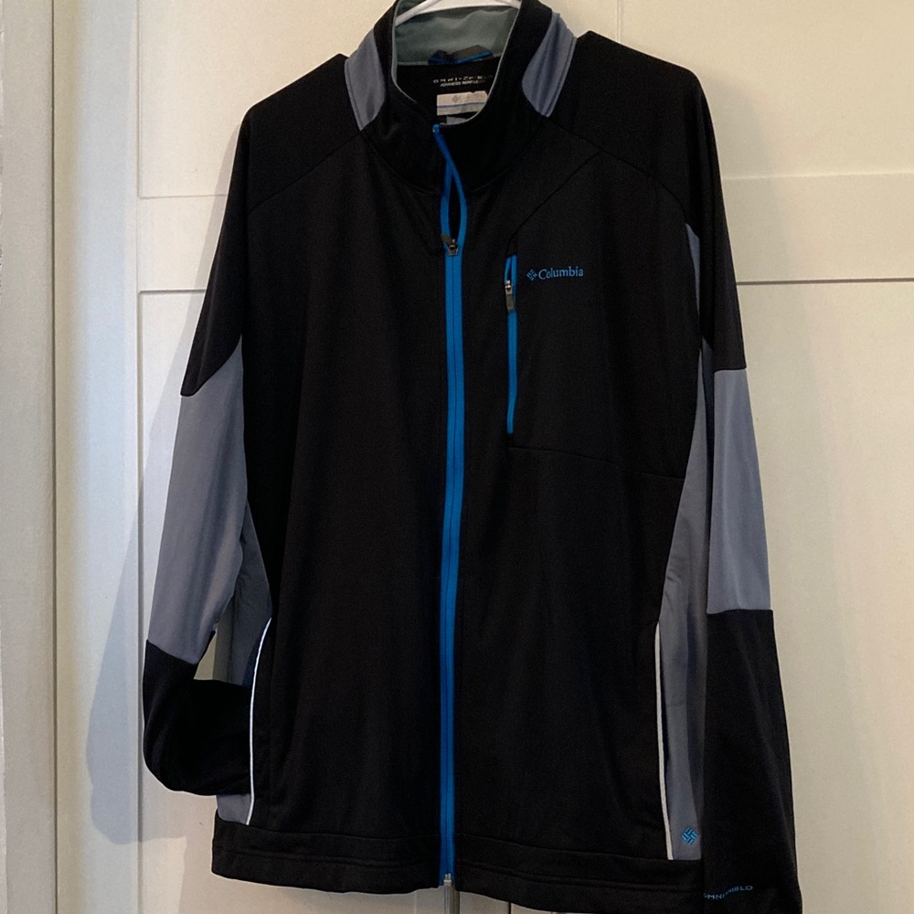 Columbia Omni-Shield Softshell Jacket Mens XL Black Grey Blue Full Zip Hiking